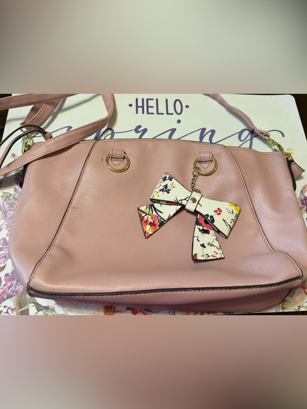 Blush Pink Shoulder Bag with Floral Bow Accent